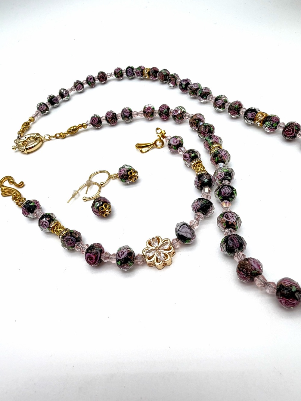 Artisan Black and Pink Encased Floral Design Lampwork Glass Beaded Set (5) - Picture 8 of 12